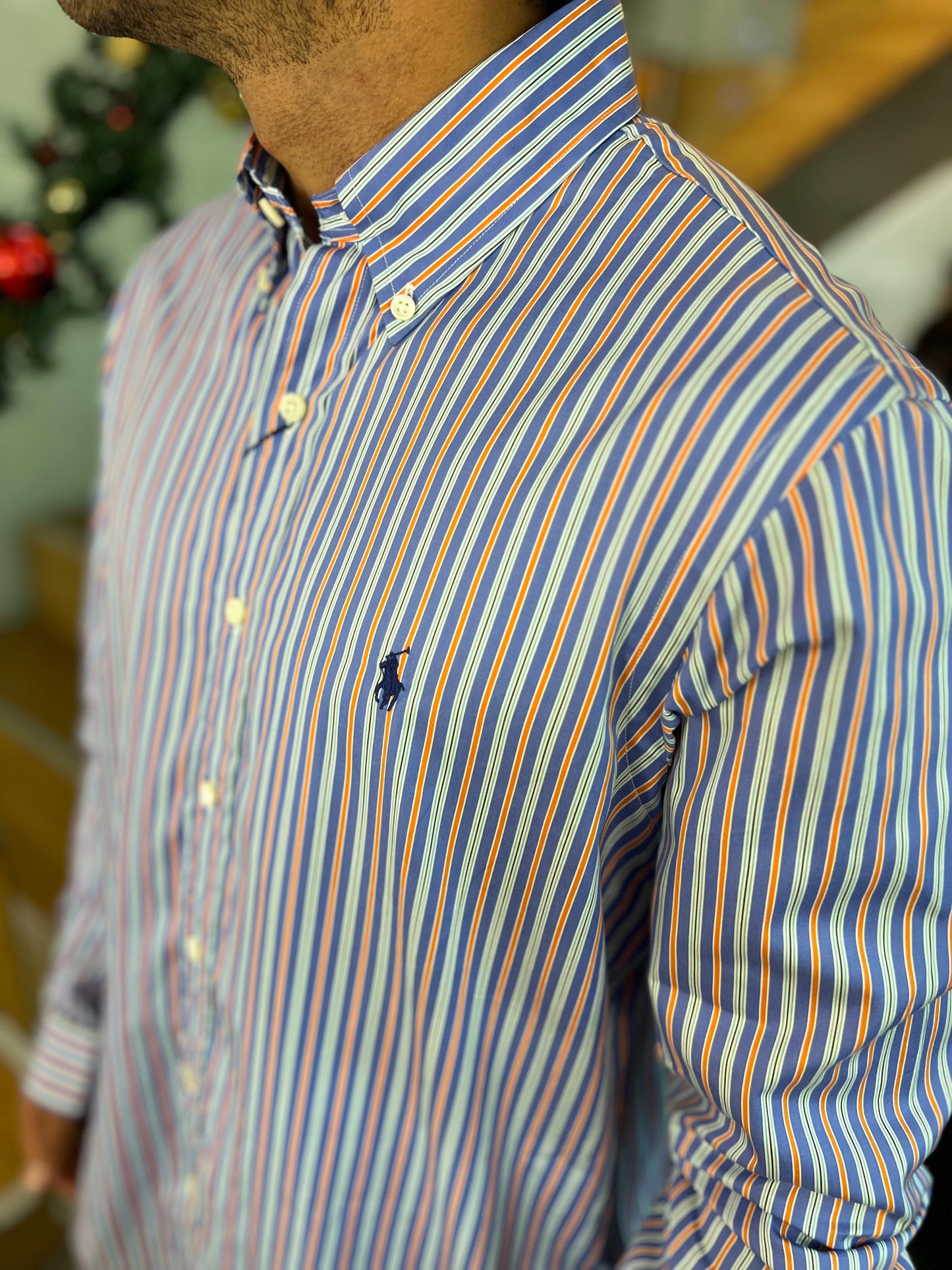 Camisa Polo R.L hombre Algodón Rayas Caballo Azul