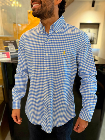 Camisa Polo R.L hombre Oxford Custom Fit Cuadros Celestes Con Blanco Caballo Amarillo