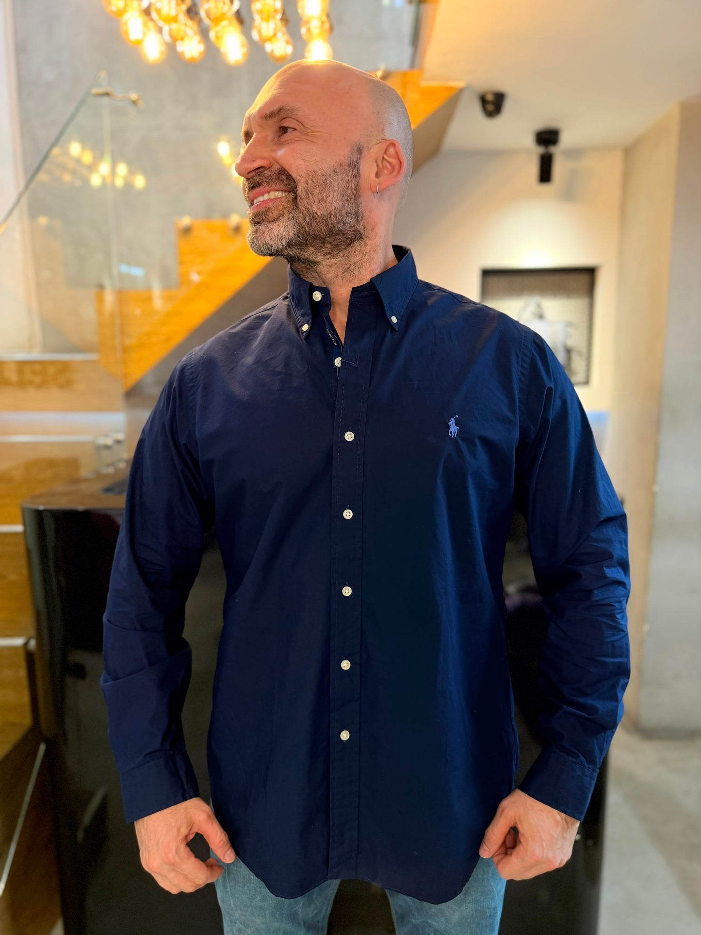Camisa Polo R.L hombre Algodón Azul Oscura Caballo Celeste