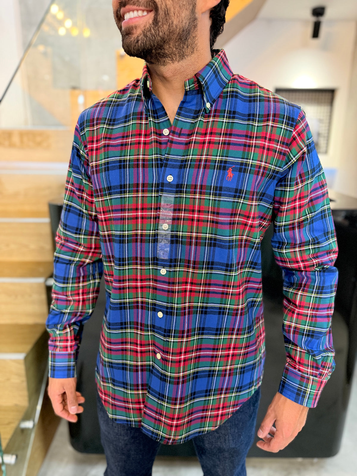 Camisa Polo R.L hombre Algodón Grueso Cuadros Azules Con Rojo Caballo Rojo