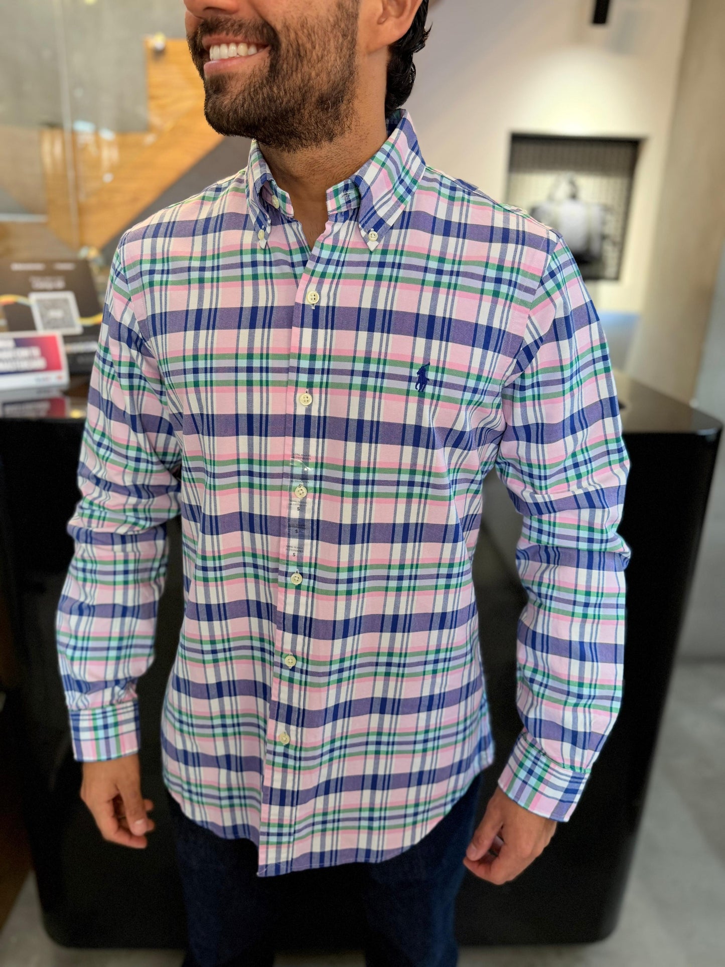 Camisa Polo R.L hombre Oxford Cuadros Rosados Con Azul Caballo Azul