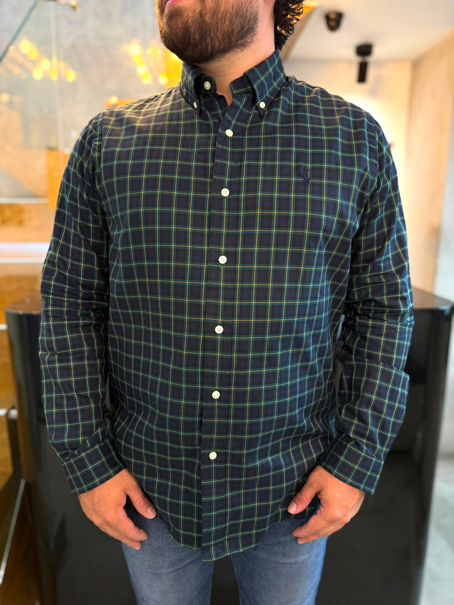Camisa Polo R.L hombre Algodon Cuadros Azules Caballo Azul