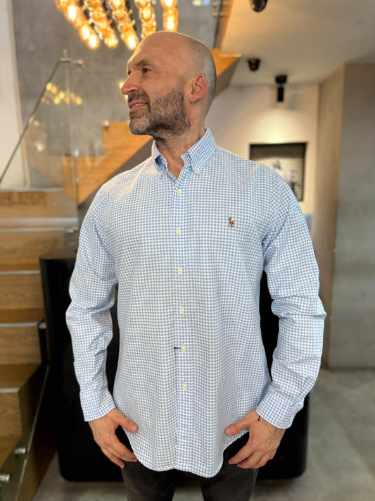 Camisa Polo R.L hombre Oxford Cuadros Celestes Con Blanco Caballo Multicolor