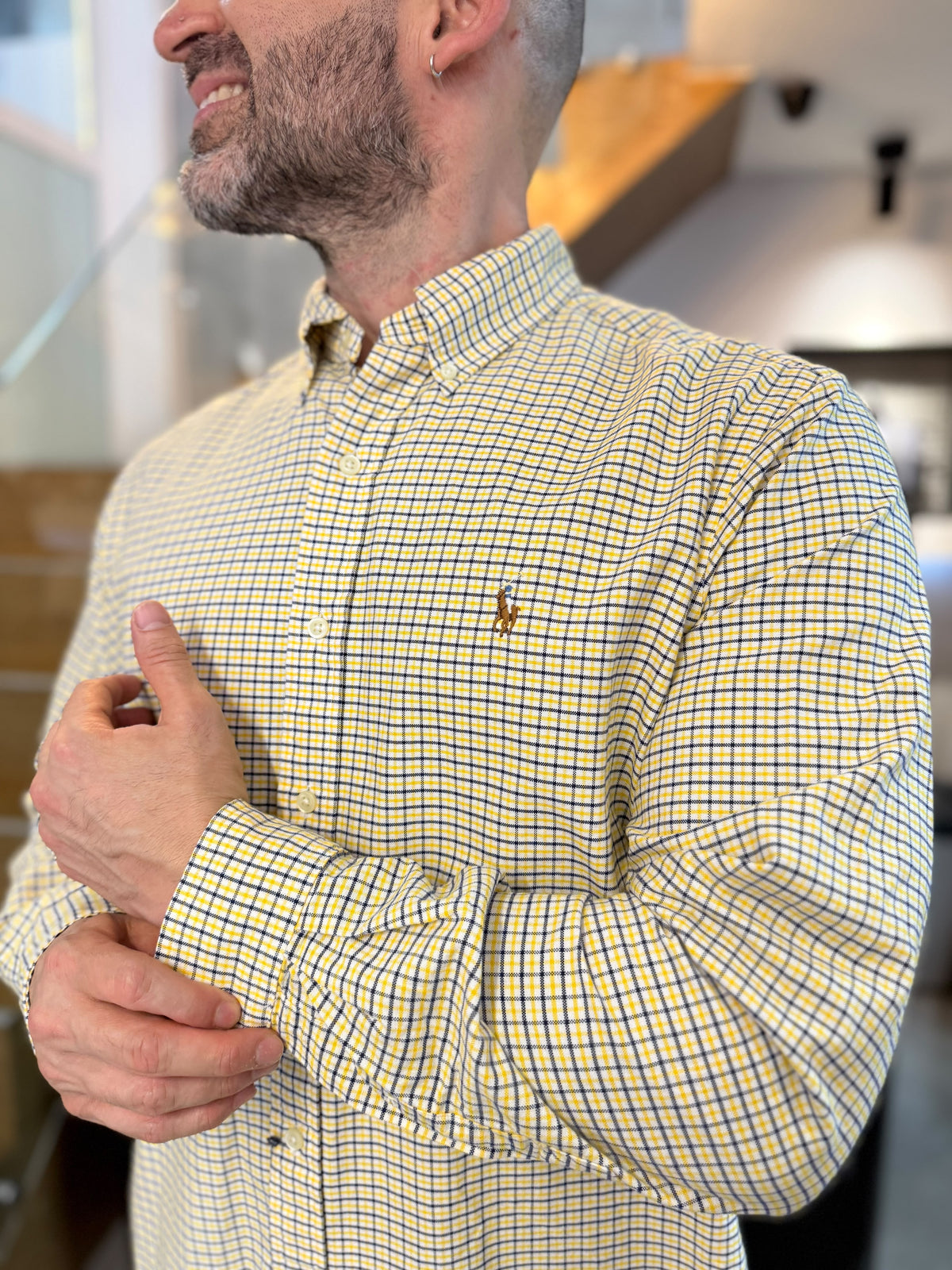 Camisa Polo R.L hombre Oxford Cuadros Amarillos Con Blanco Caballo Multicolor
