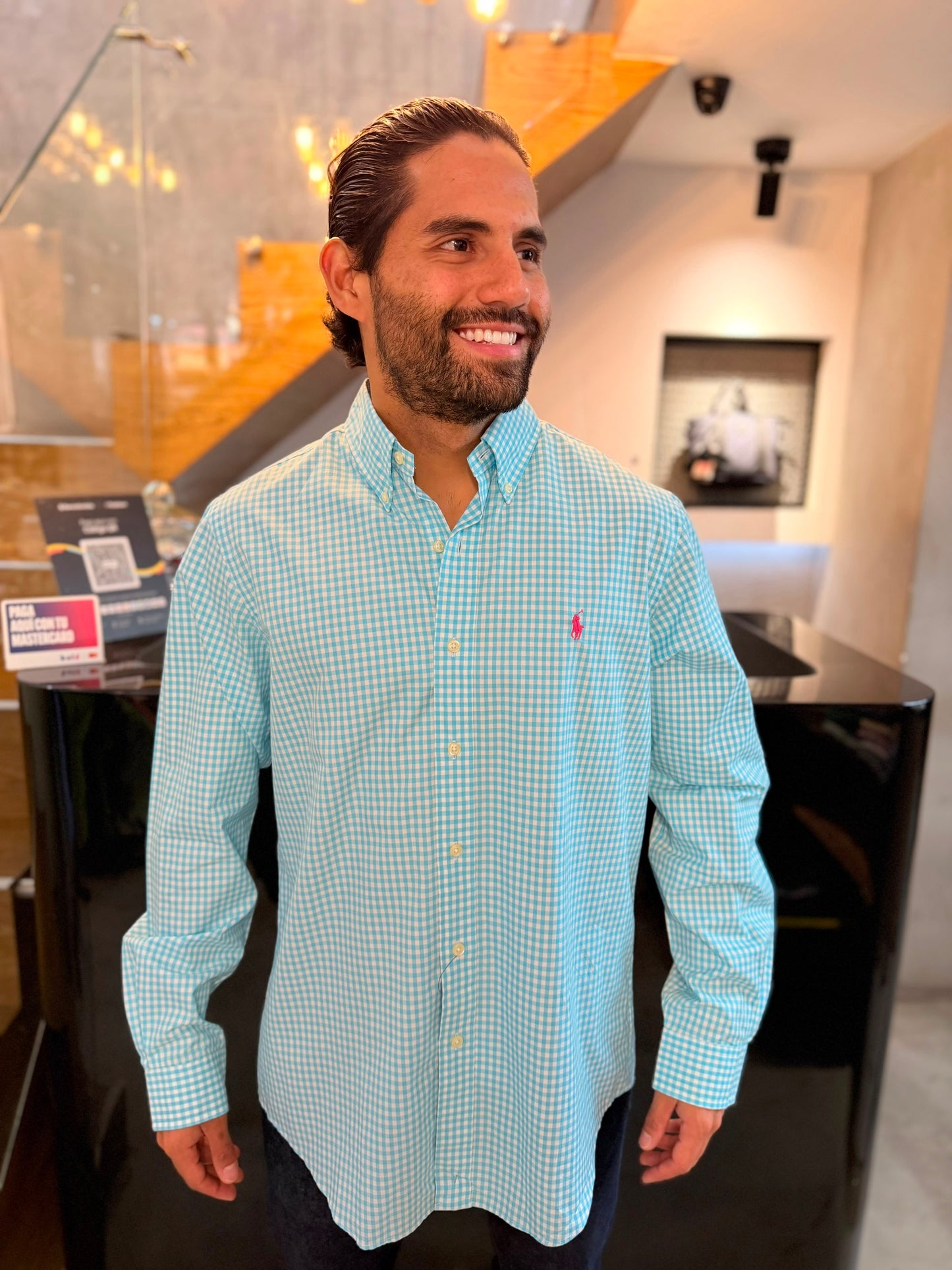 Camisa Polo R.L hombre Algodón Cuadros Azul Cielo Caballo Fucsia