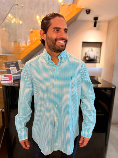 Camisa Polo R.L hombre Algodón Cuadros Azul Cielo Caballo Fucsia