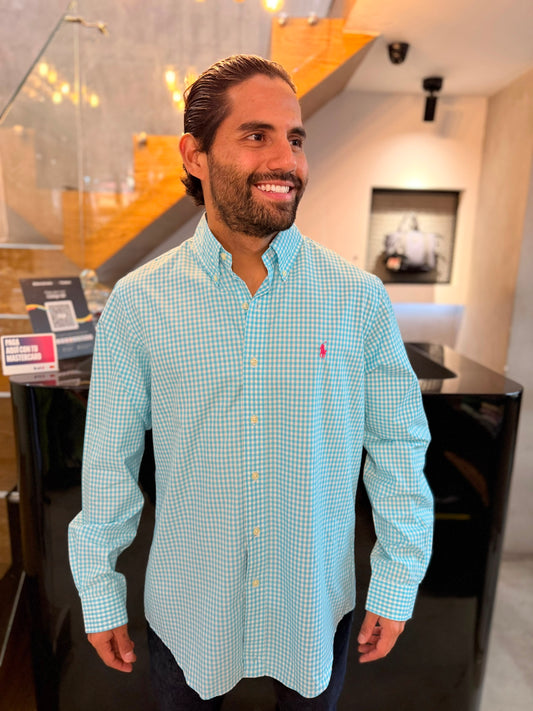 Camisa Polo R.L hombre Algodón Cuadros Azul Cielo Caballo Fucsia