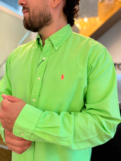 Camisa Polo R.L hombre Oxford  Verde Limón Caballo Rosa Neón