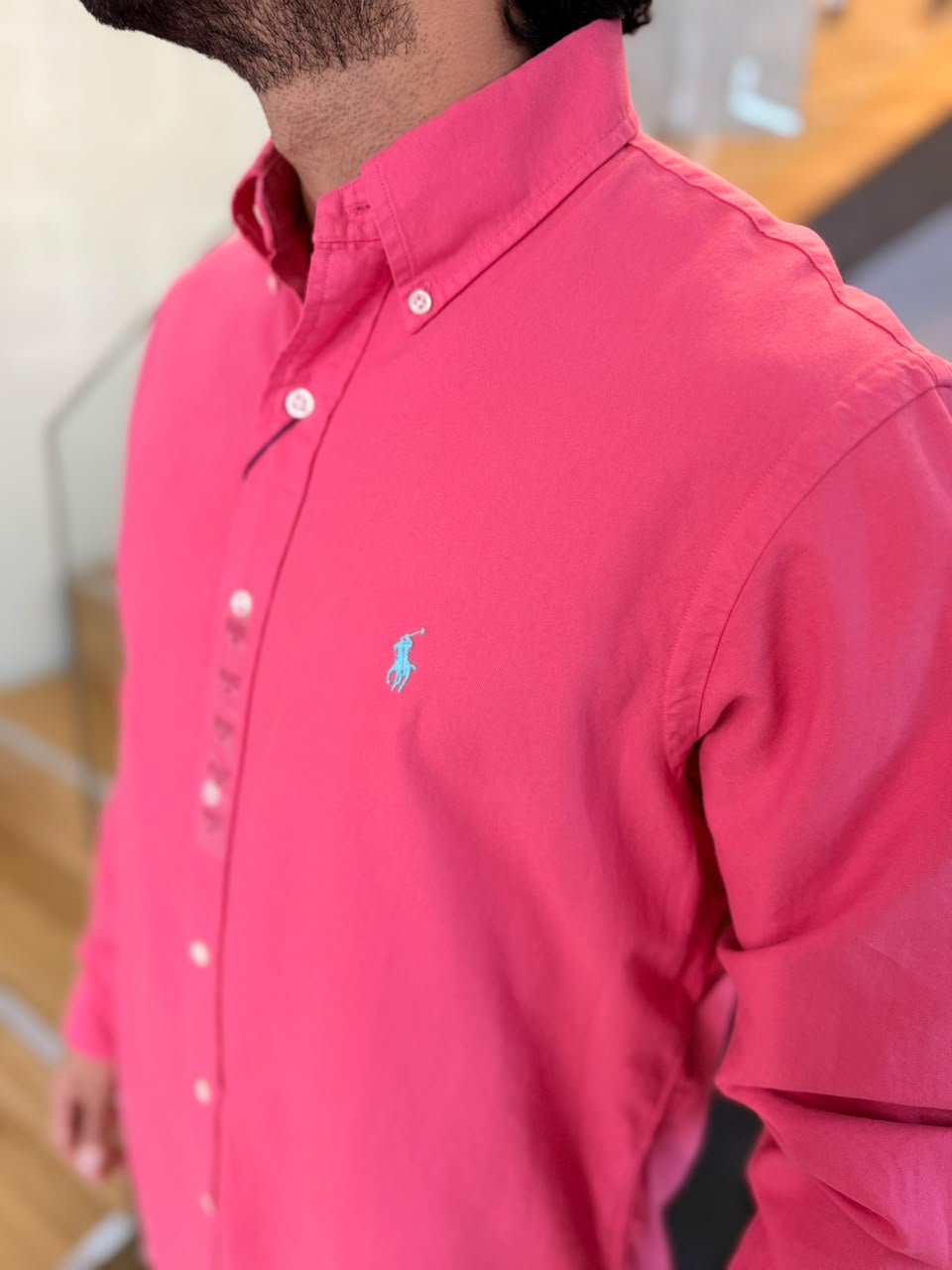 Camisa Polo R.L hombre Oxford Coral Caballo Celeste