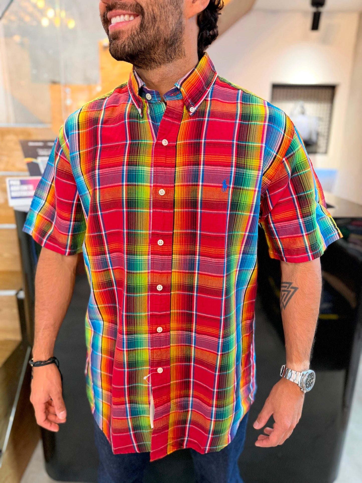 Camisa Polo R.L hombre Manga Corta Lino Cuadros Rojos Caballo Azul