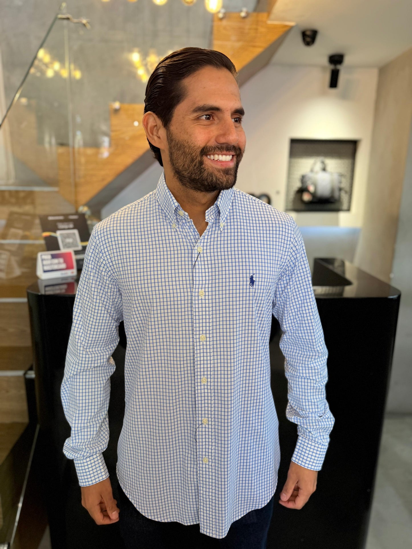Camisa Polo R.L hombre Performance Cuadros Blancos Con Azul Caballo Azul