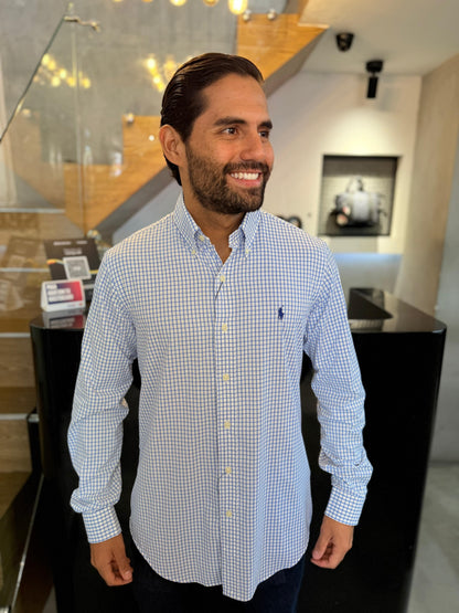 Camisa Polo R.L hombre Performance Cuadros Blancos Con Azul Caballo Azul