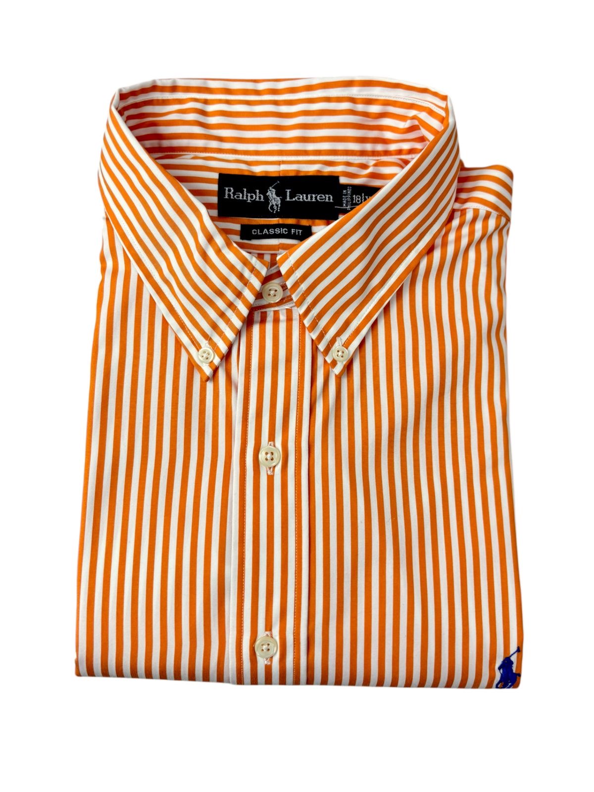 Camisa Polo R.L hombre Algodón Rayas Naranjas Caballo Azul