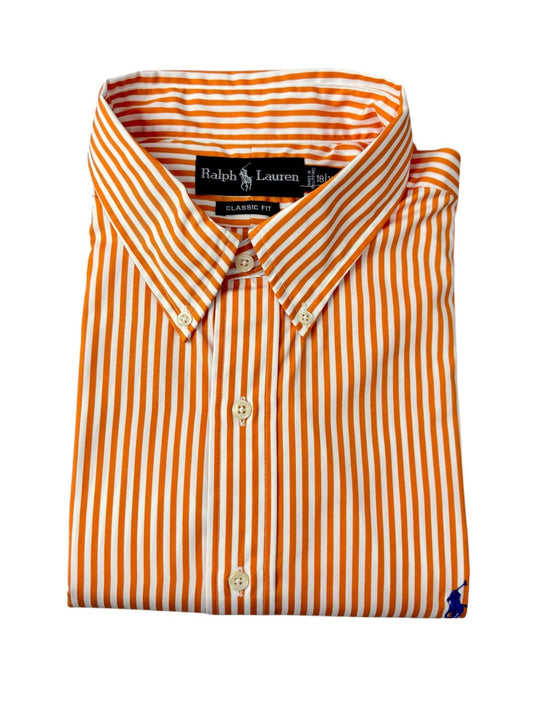 Camisa Polo R.L hombre Algodón Rayas Naranjas Caballo Azul