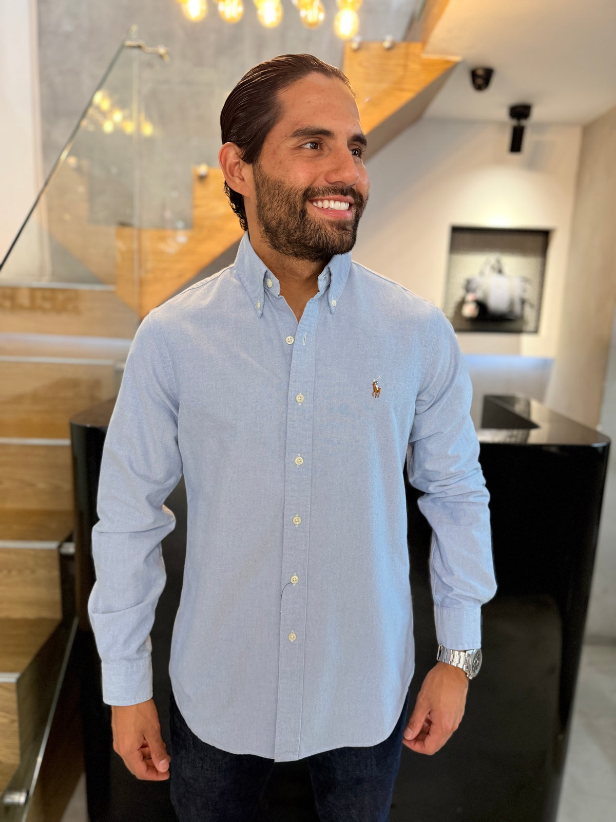 Camisa Polo R.L hombre Oxford Celeste Caballo Multicolor