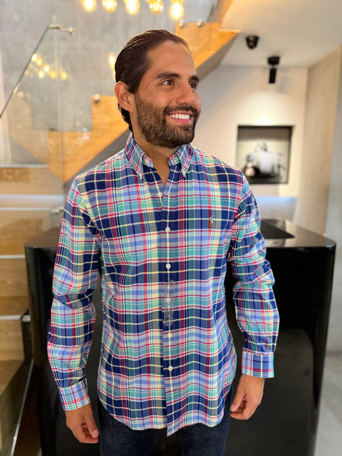 Camisa Polo R.L hombre Oxford Cuadros Colores Caballo Multicolor