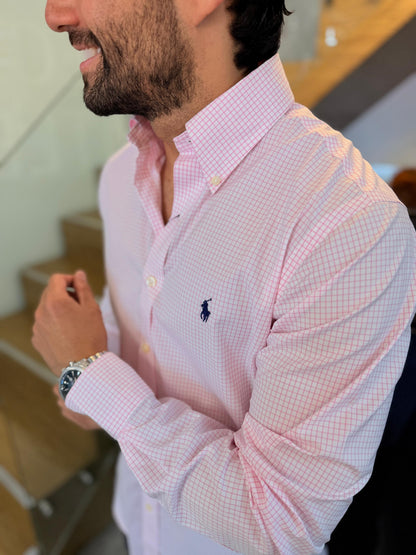 Camisa Polo R.L hombre Custom Fit Algodón Cuadros Blancos Con Rosado Caballo Azul