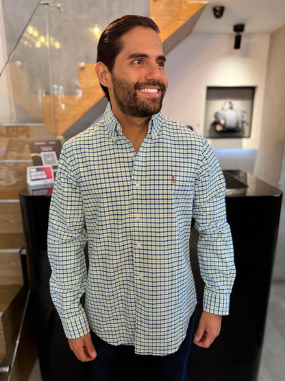 Camisa Polo R.L hombre Oxford  Cuadros Verdes Con Azul Caballo Multicolor