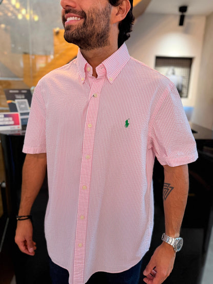 Camisa Polo R.L hombre Manga Corta Galleta Rayas Rosadas Caballo Verde