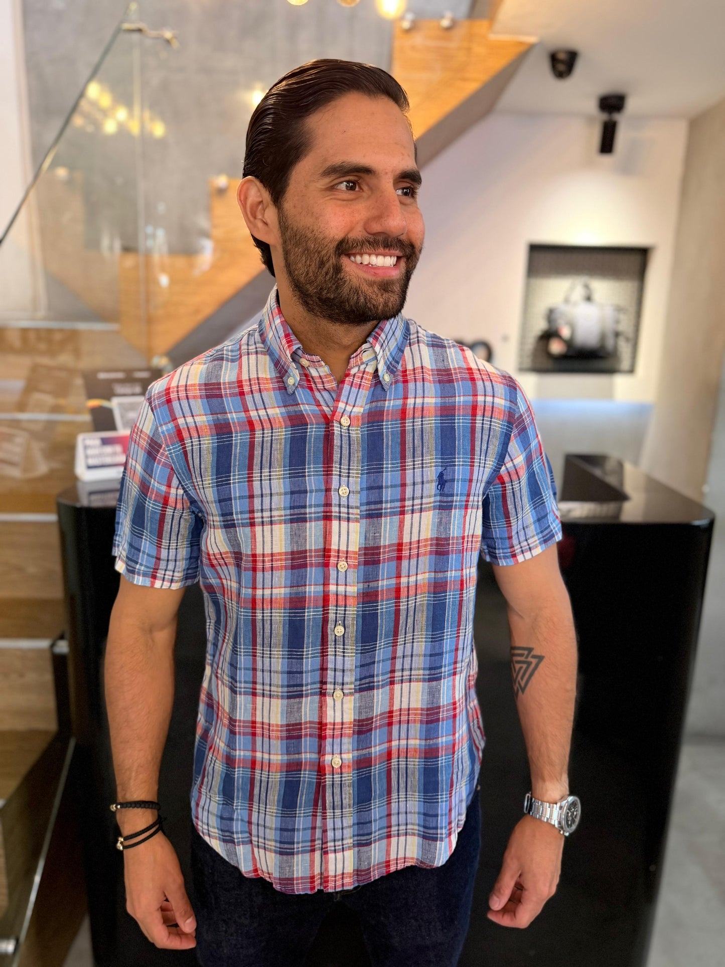Camisa Polo R.L hombre Lino Manga Corta Custom Fit Cuadros Colores Caballo Azul