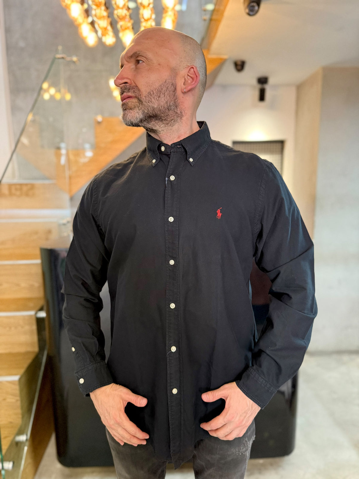 Camisa Polo R.L hombre Oxford Negra Caballo Rojo