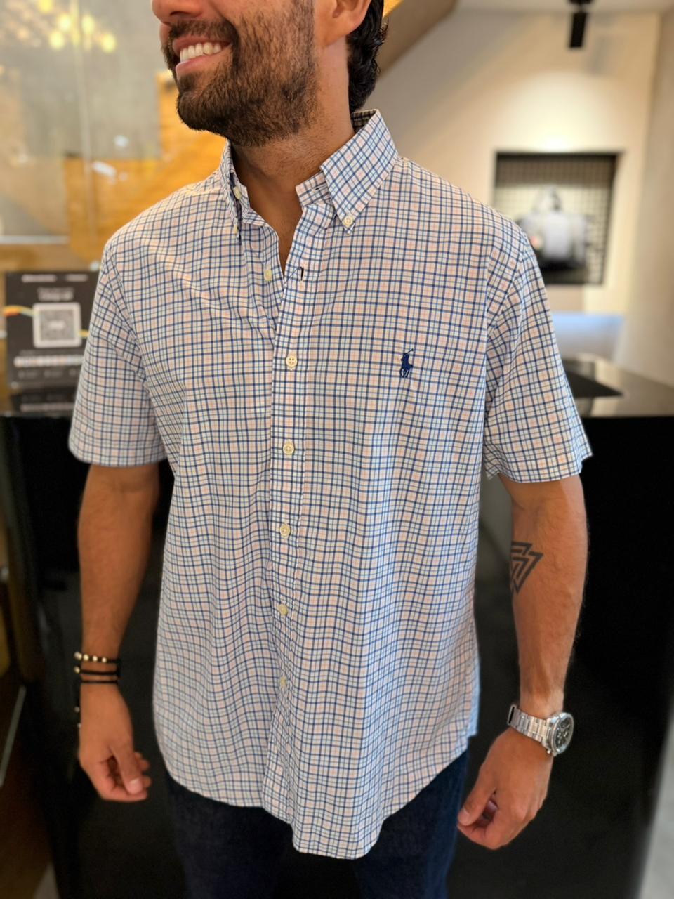 Camisa Polo R.L hombre Manga Corta Algodón Cuadros Blancos Caballo Azul