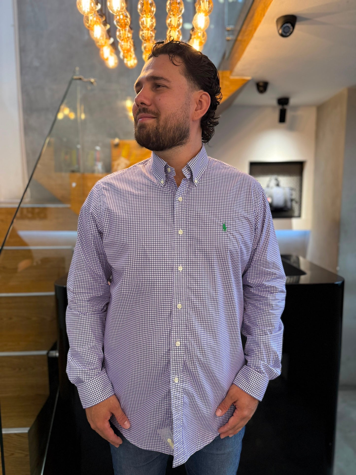 Camisa Polo R.L hombre Algodón Cuadros Morados Caballo Verde