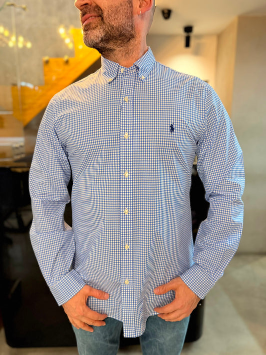 Camisa Polo R.L hombre Algodón Slim Fit Cuadros Celestes Con Blanco Caballo Azul