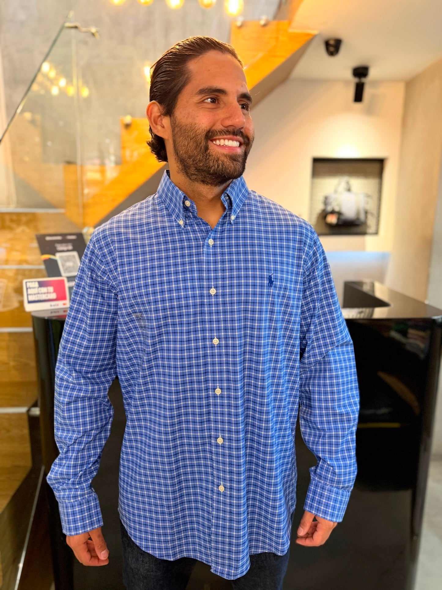 Camisa Polo R.L hombre Algodón Cuadros Azules Caballo Azul