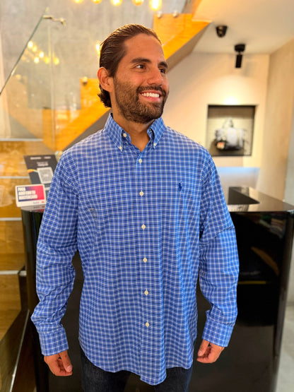 Camisa Polo R.L hombre Algodón Cuadros Azules Caballo Azul