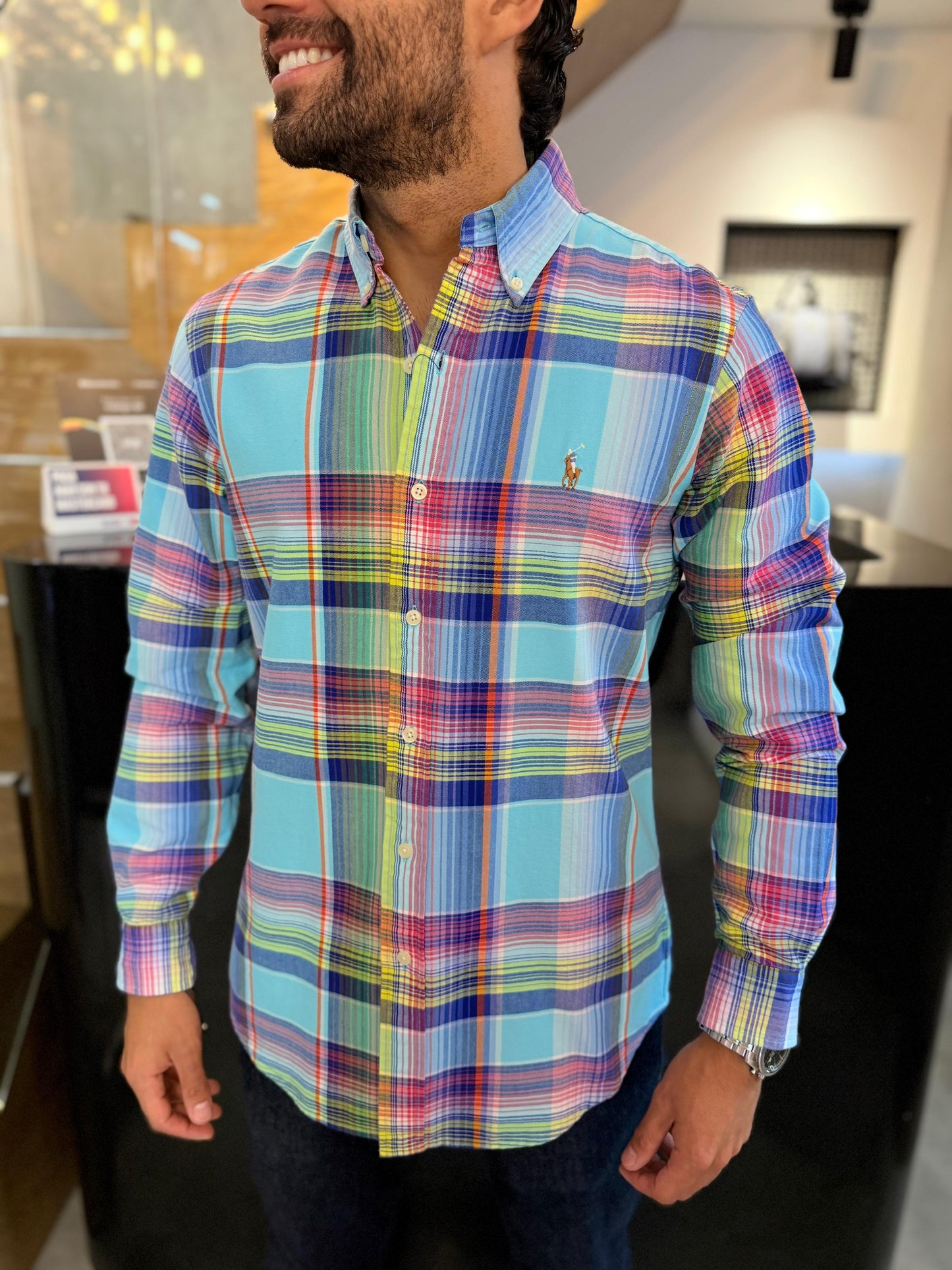 Camisa Polo R.L hombre Oxford Cuadros Celestes y Colores  Caballo Multicolor