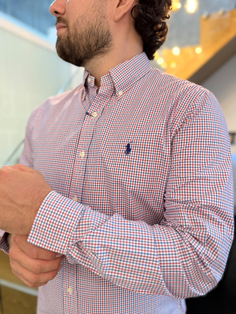 Camisa Polo R.L hombre Algodón Slim fit Cuadros Rojos Caballo Azul