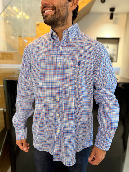 Camisa Polo R.L hombre Algodón Cuadros Azules Caballo Azul