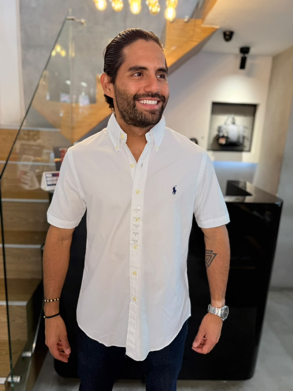Camisa Polo R.L hombre Algodón Manga Corta Blanca Caballo Azul
