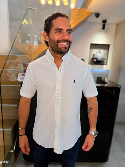 Camisa Polo R.L hombre Algodón Manga Corta Blanca Caballo Azul