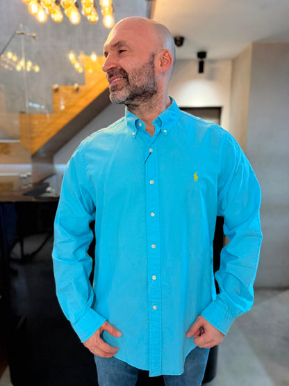 Camisa Polo R.L hombre Oxford Celeste Caballo Amarillo