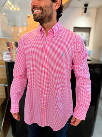 Camisa Polo R.L hombre Algodón Cuadros Rosados Con Blanco Caballo Menta