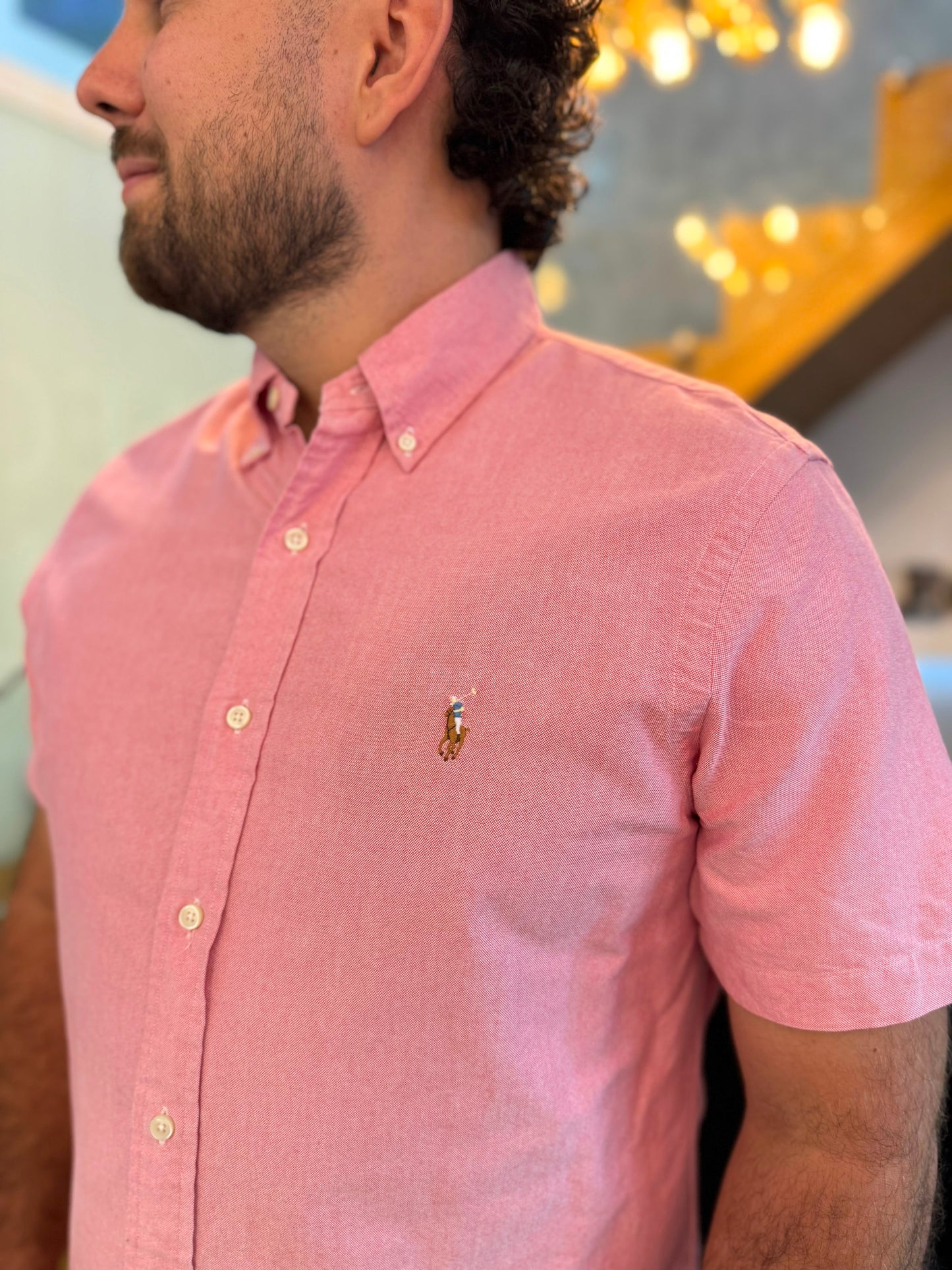 Camisa Polo R.L hombre Oxford   Manga Corta Rosada Caballo Multicolor