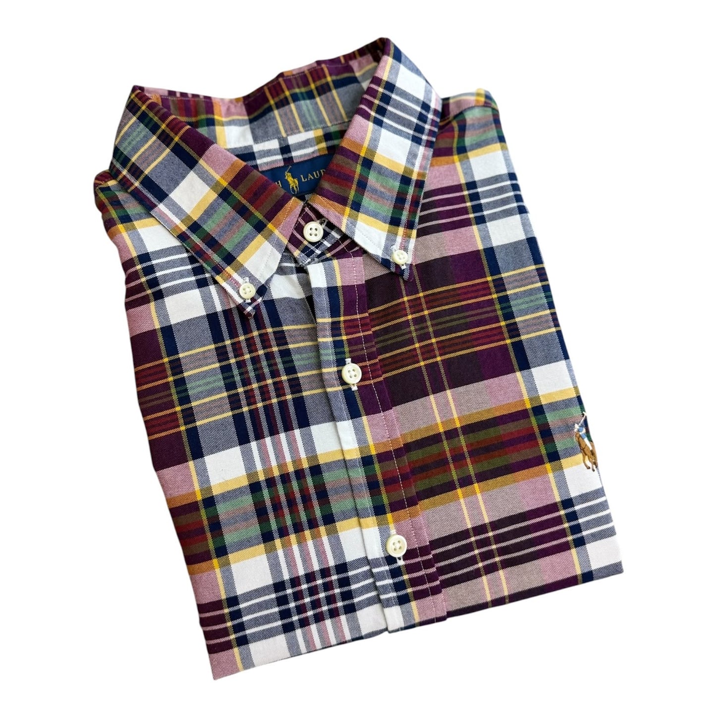 Camisa Polo R.L hombre Oxford Cuadros Vino Tinto Con Azul Caballo Multicolor