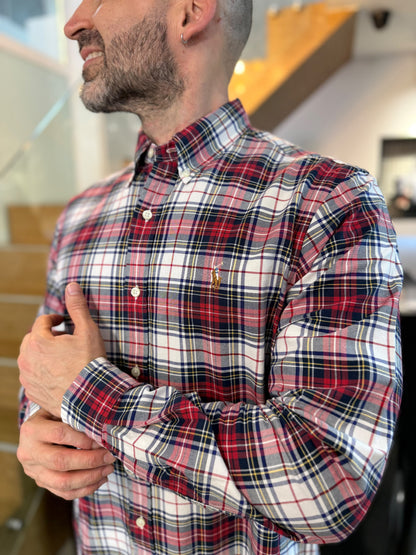 Camisa Polo R.L hombre Oxford Cuadros Blancos Con Rojo Caballo Multicolor