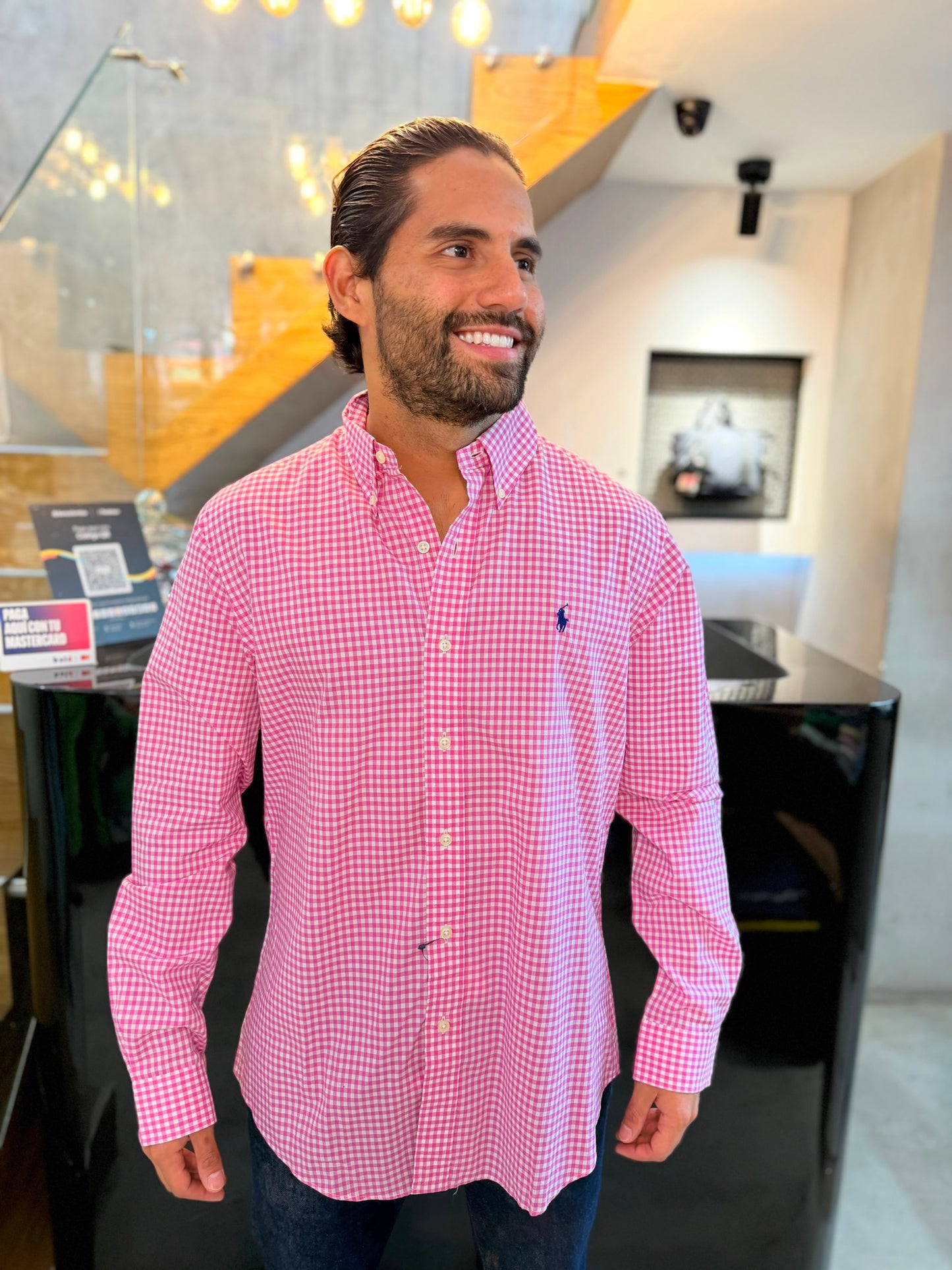 Camisa Polo R.L hombre Algodón Cuadros Rosados Con Blanco Caballo Azul