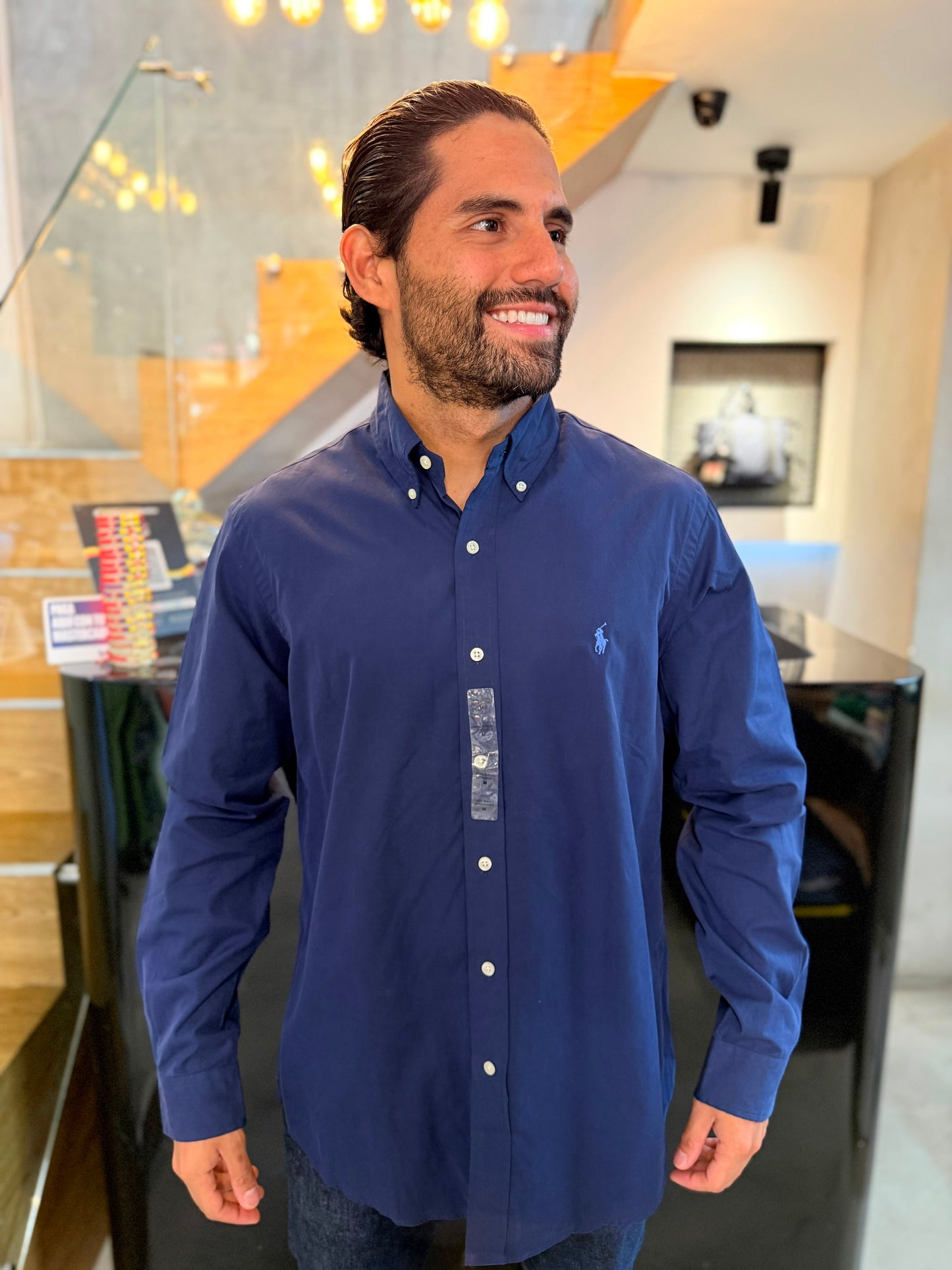 Camisa Polo R.L hombre Algodón Azul Oscura Caballo Celeste