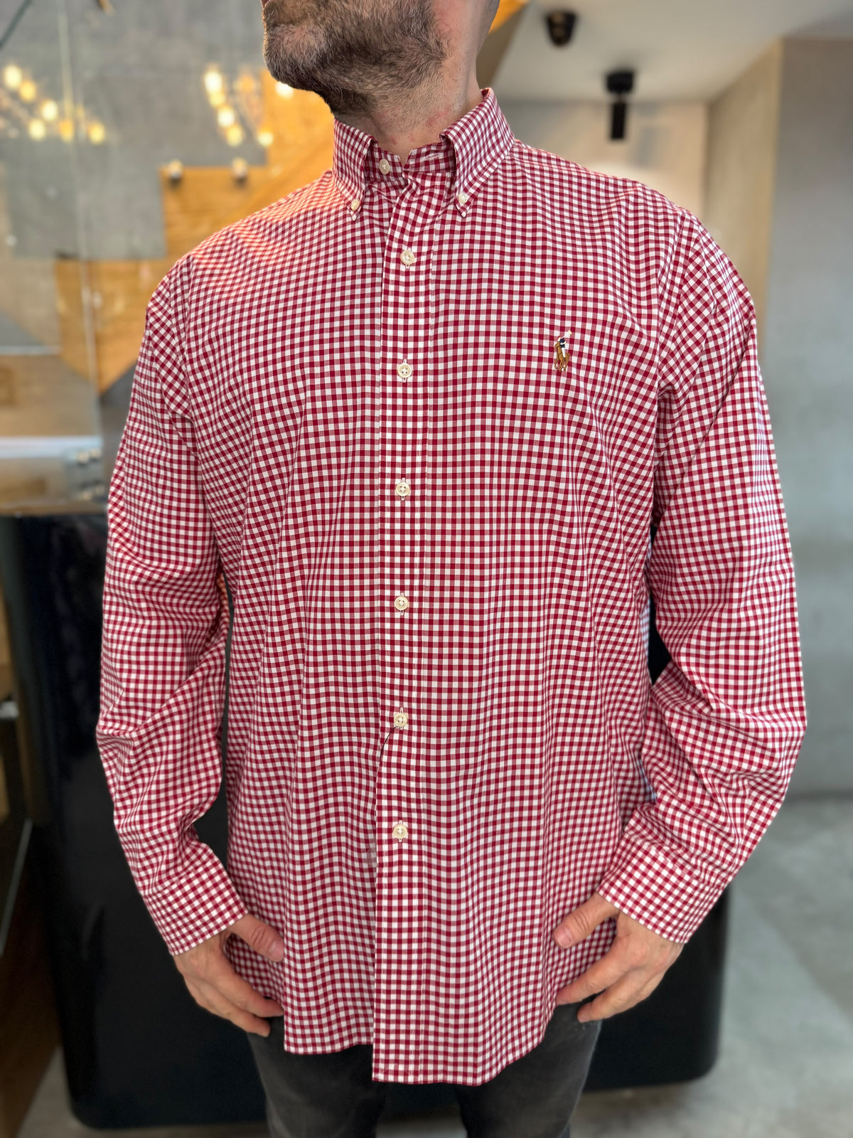 Camisa Polo R.L hombre Algodón Cuadros Rojos Con Blanco Caballo Multicolor