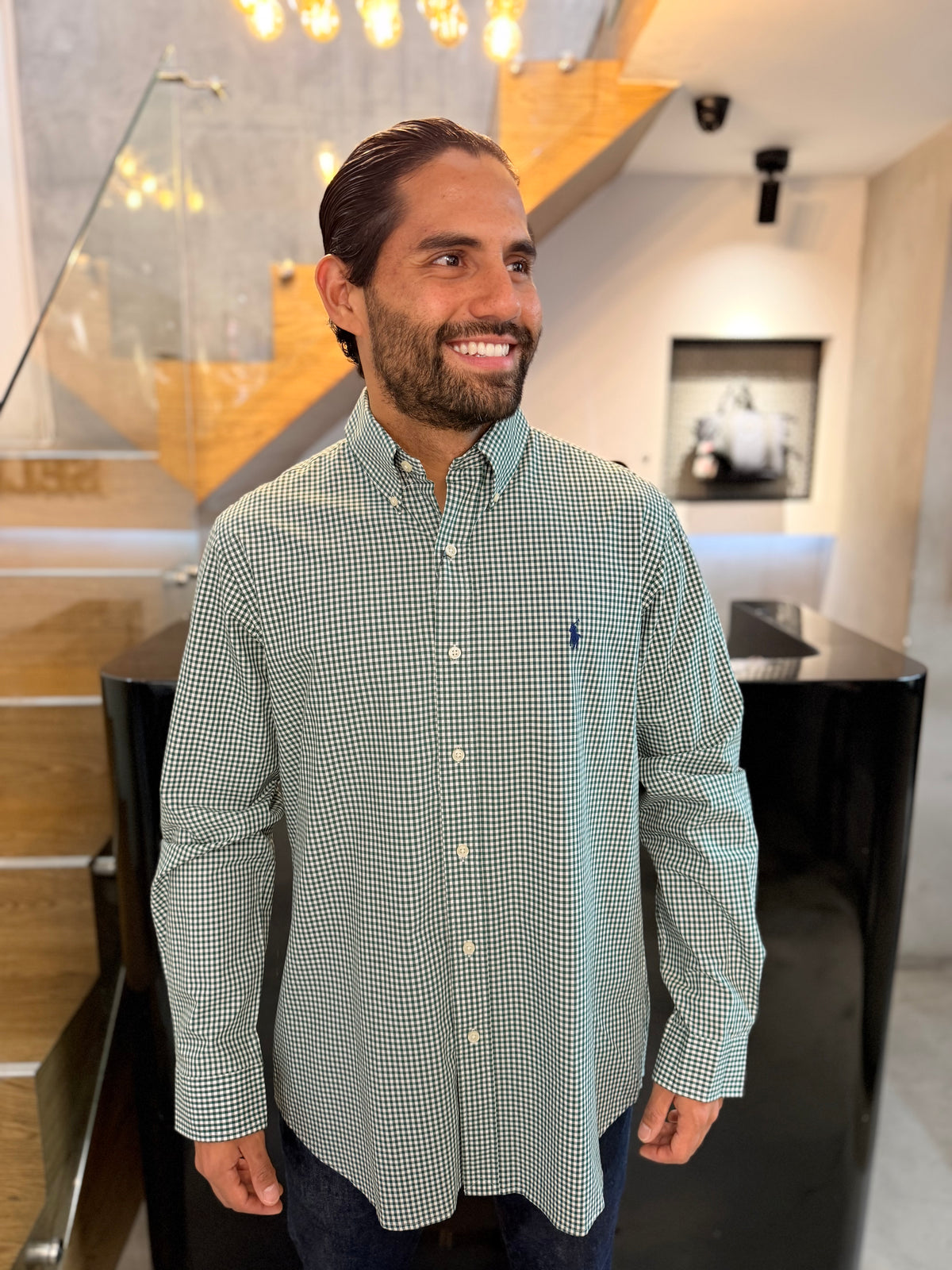 Camisa Polo R.L hombre Algodón Cuadros Verdes Con Blanco Caballo Azul