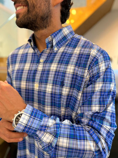 Camisa Polo R.L hombre Algodón Cuadros Azules Caballo Azul