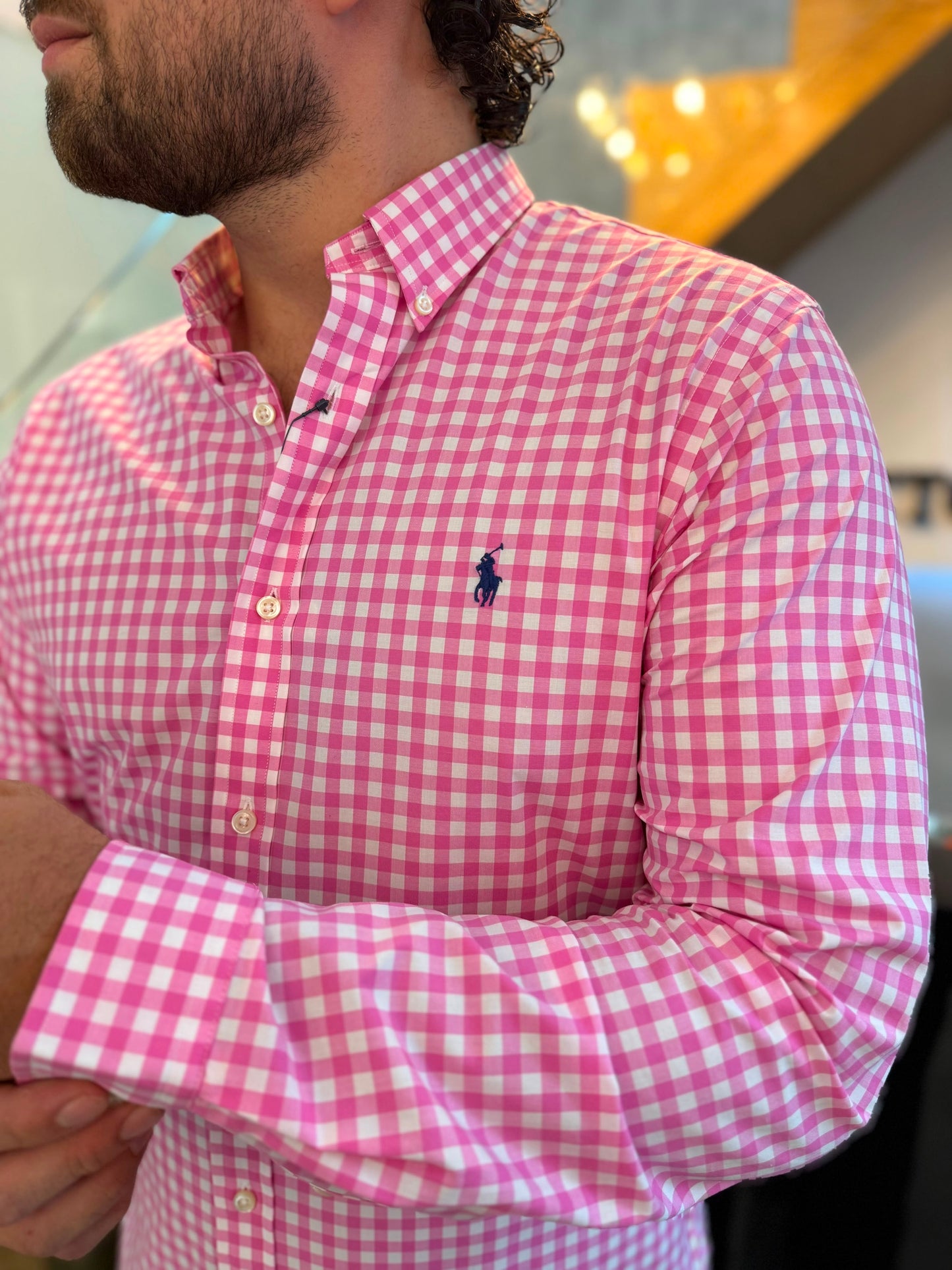 Camisa Polo R.L hombre Algodón Slim Fit Cuadros Rosados Caballo Azul