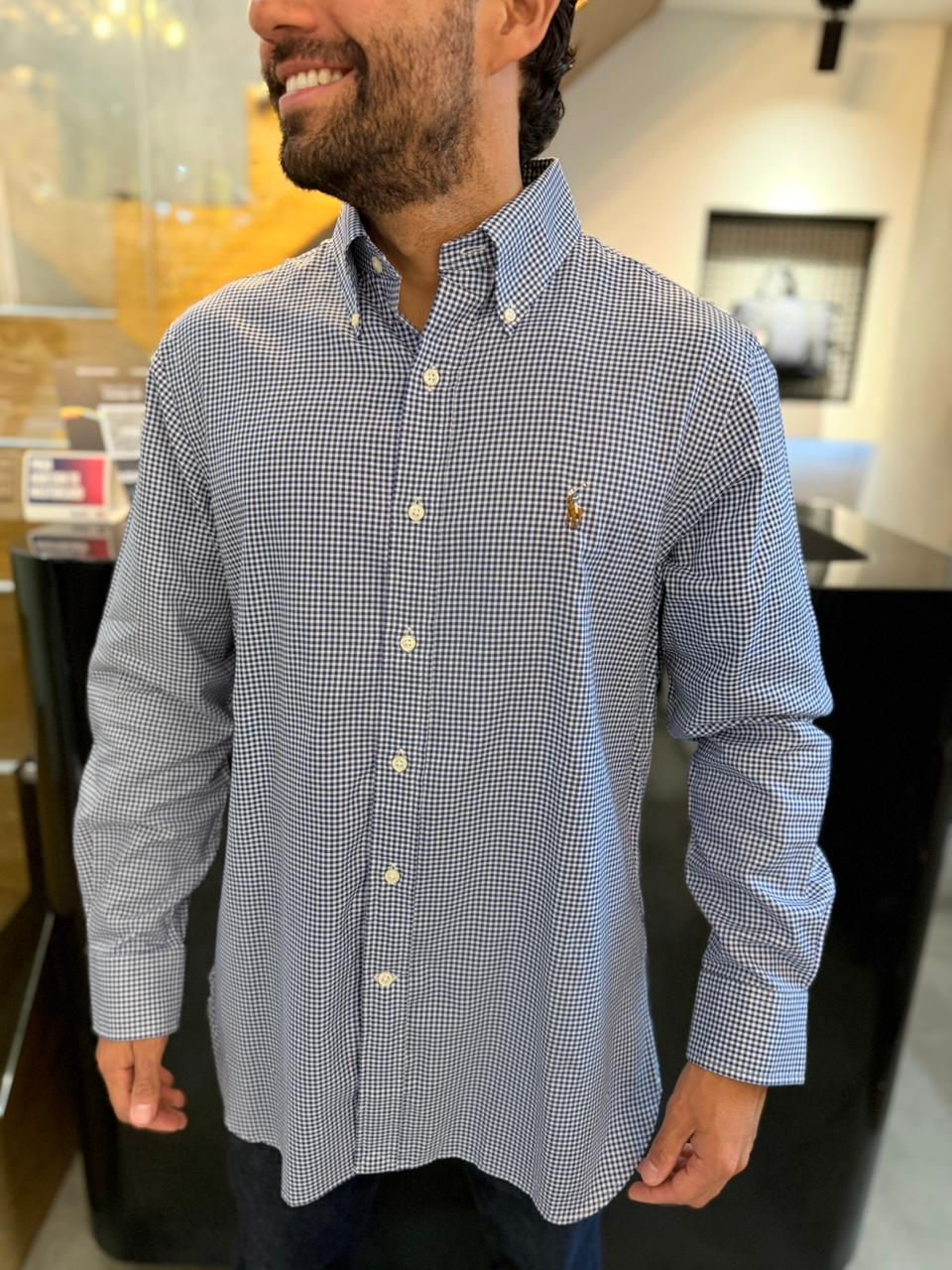 Camisa Polo R.L hombre Algodón Cuadros Azules Con Blanco Caballo Multicolor