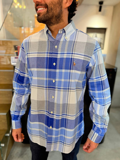 Camisa Polo R.L hombre Oxford Cuadros Azules Con Gris Caballo Multicolor