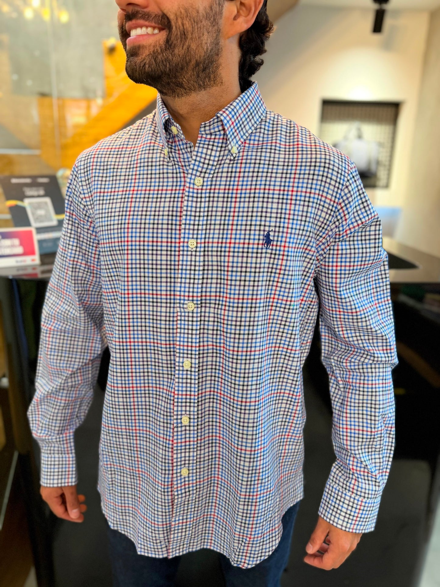 Camisa Polo R.L hombre Algodón Cuadros Caballo Azul