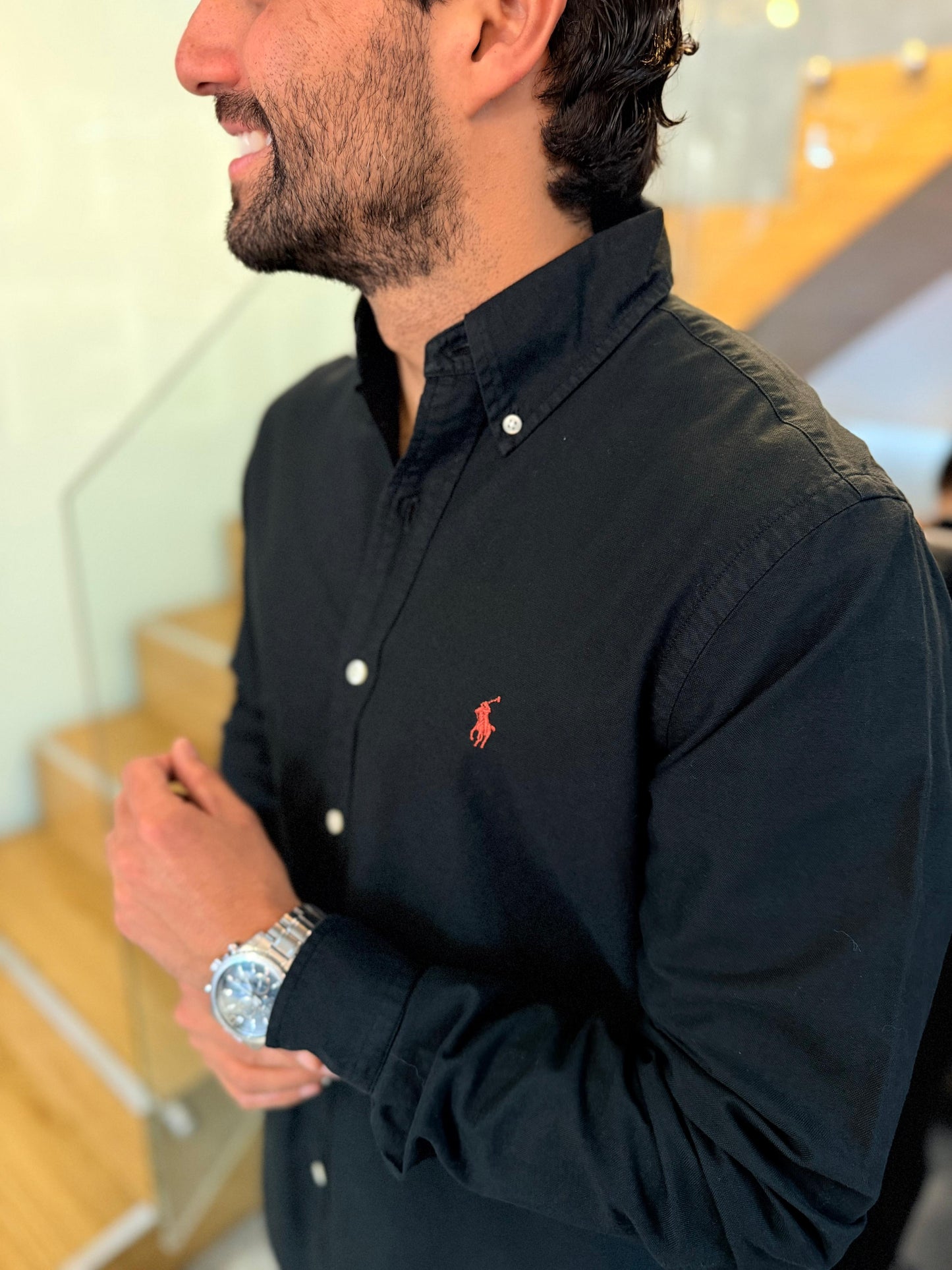 Camisa Polo R.L hombre Oxford Negra Caballo Rojo